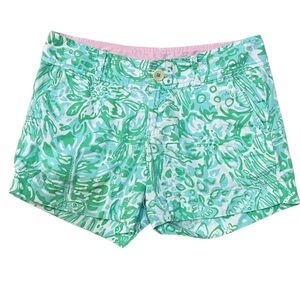 LILLY PULITZER CALLAHAN Womens Sz 00 Green White Jungle Print  Shorts Let’s Cha